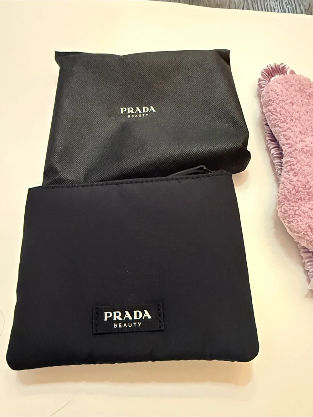 Prada Beauty Black & Light Green Pouches with Pink Plush Sleep Mask